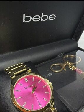 bebe Gold-Tone Watch with Pink Dial and Keychain Charm